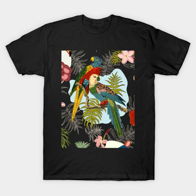 Tropical birds parrots flowers trees plants T-Shirt by LizzyizzyDesign